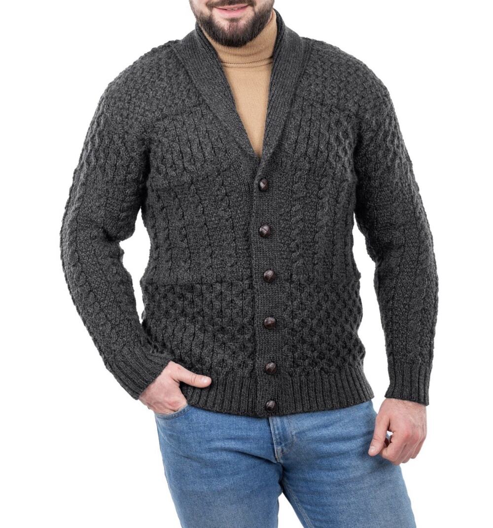 Saol Aran Irish Fisherman Shawl Cardigan Navy Large Merino Wool Grandpacore